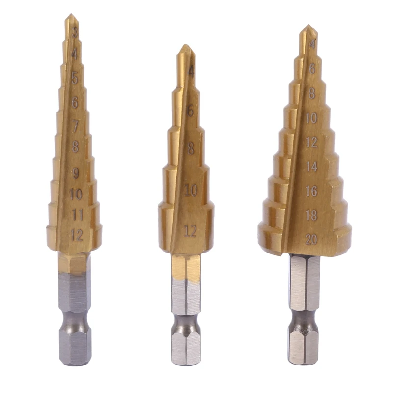 HSS titânio passo broca conjunto, soco central automático, 3 pcs