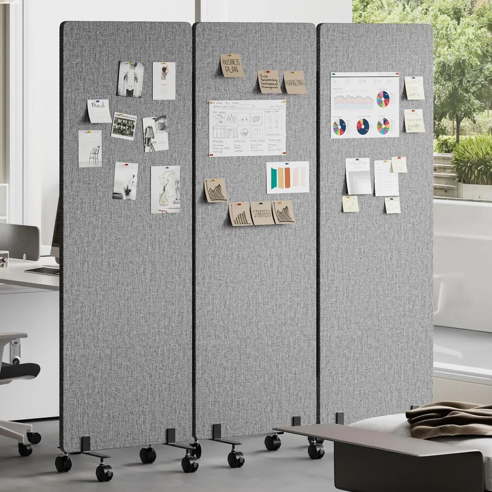 3 Panel Office Partition Wall,Sound Proof Portable Wall Divider with Wheels