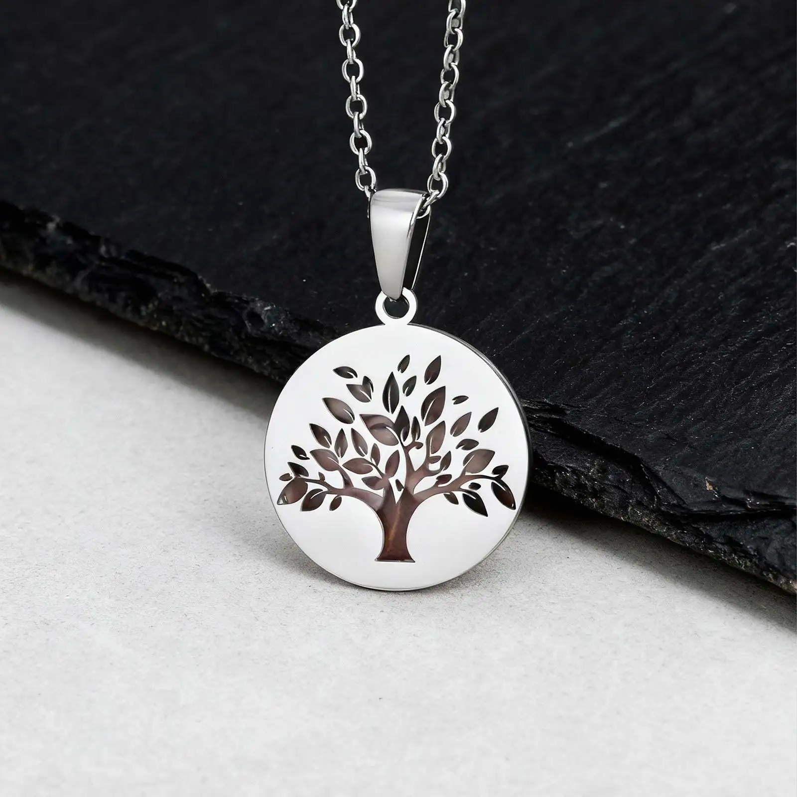 カスタムピクチャー生命の樹ネックレス、男性、男の子用、ステンレススチールラウンドロケットネックレス、パーソナライズされたジュエリーギフト