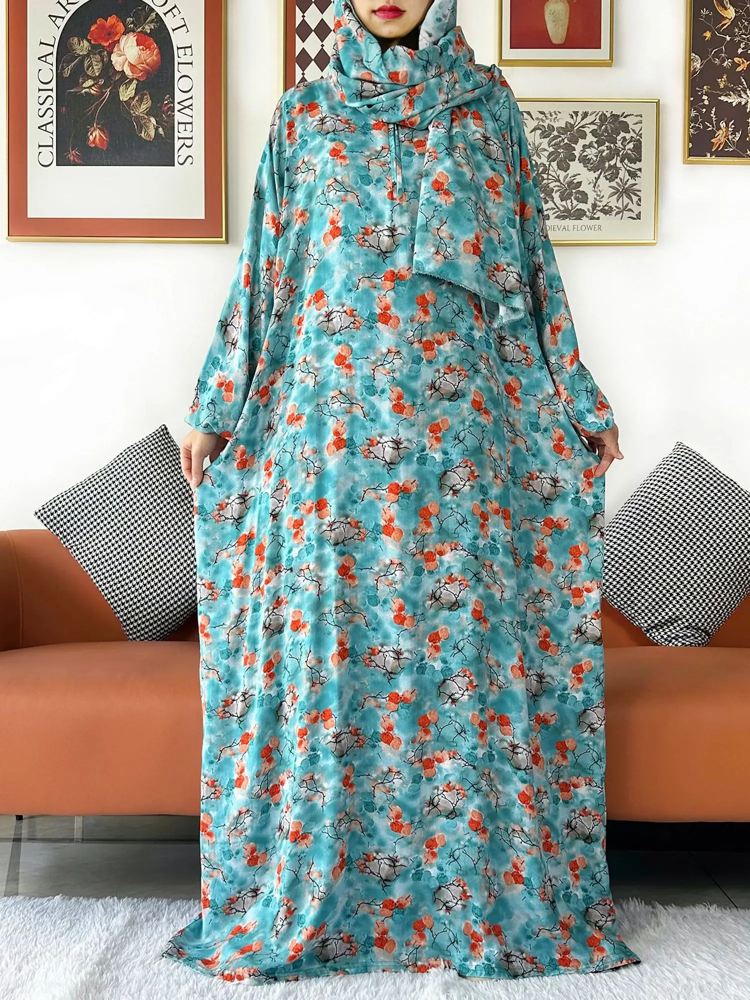 2024 muslimische Blumen Baumwolle Dame Abaya Ramadan Gebets kleidungs stück Dubai Truthahn Nahost Femme Robe lose afrikanische Kleid Turban Joint