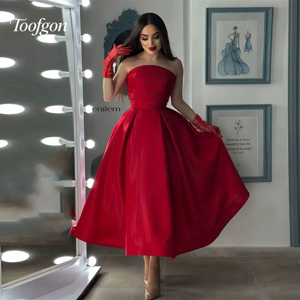 

Toofgon Customized Red Satin A Line Midi Prom Dresses Strapless Tea-Length Women Saudi Formal Party Occasion Evening Gown