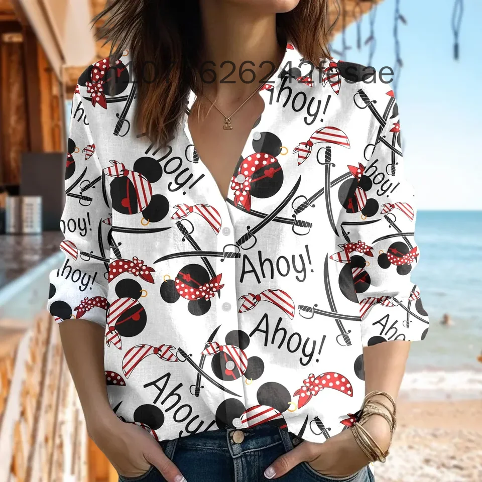 

Mickey Cruise Pirate Linen Shirt 2024 New Disney Mickey Mouse Casual Button Up Shirt