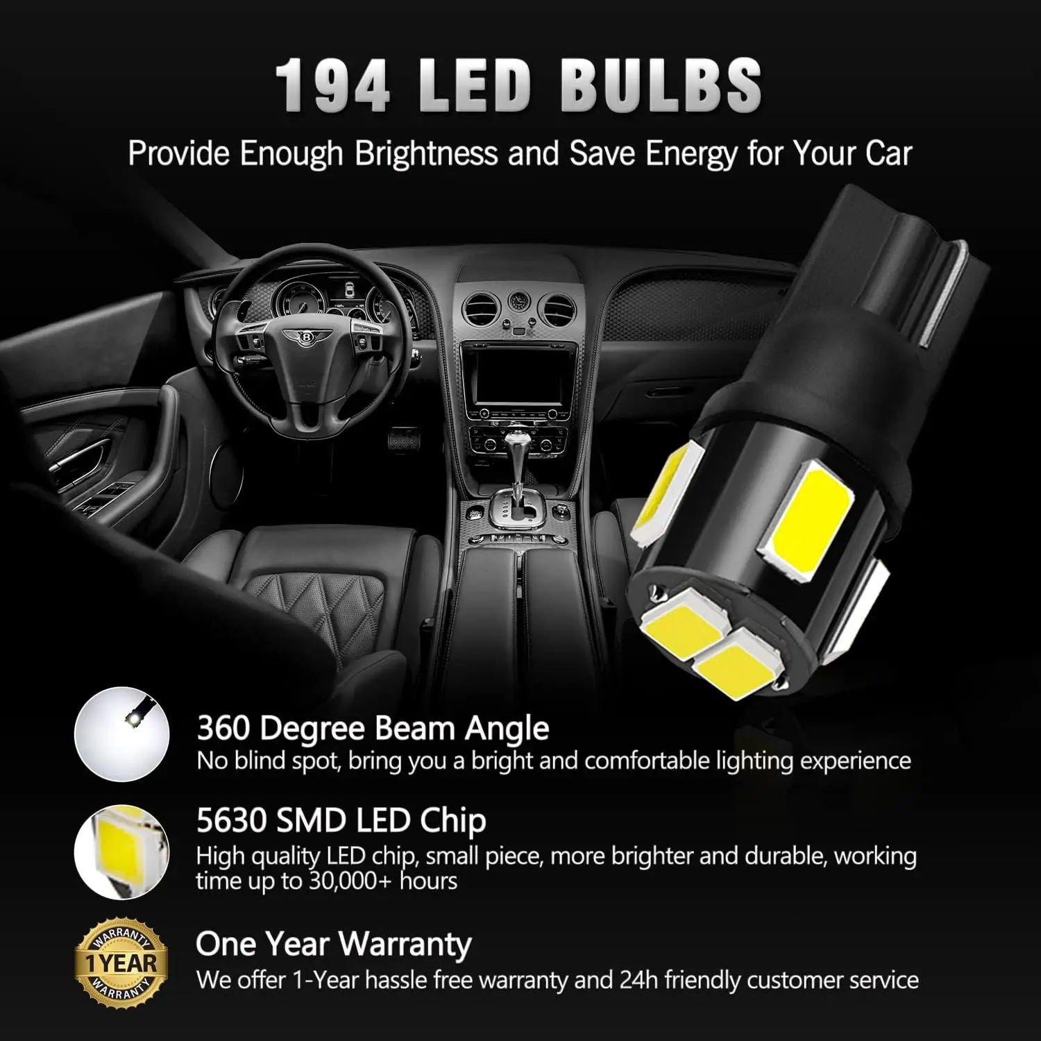 194 LED Bulbs 6000K Xenon White 5630 Chip T10 168 2825 W5W Car Interior Lights (Pack of 10)