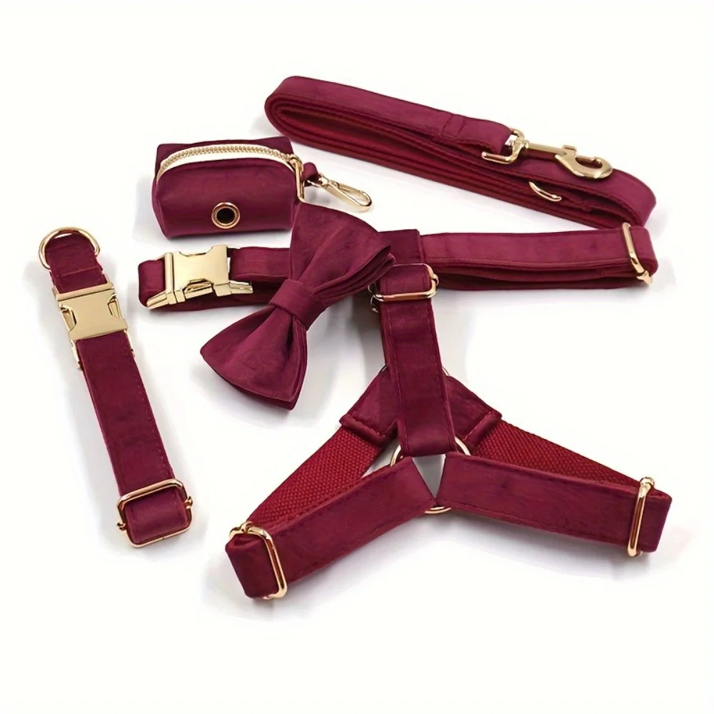 

5pcs Set Of Soft Comfortable Wine Red Velvet Dog Collar, Dog Leash, Bow, Chest, Back, Dog Toilet Bag,Tie Set Combination