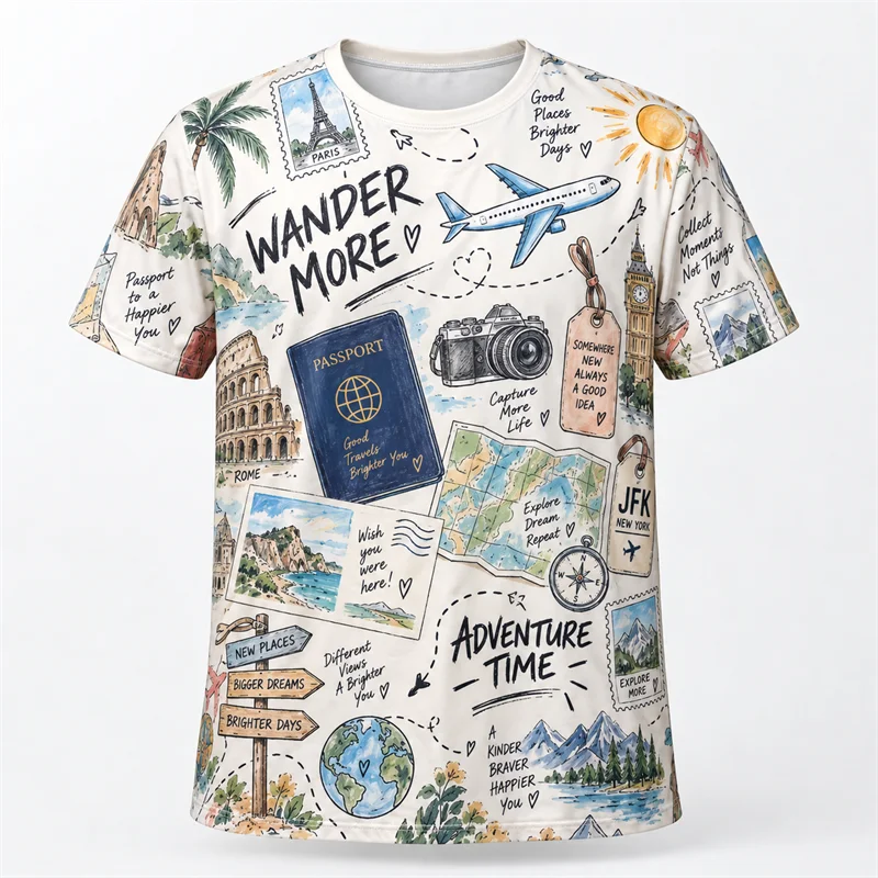 Colorful Doodle Graphic T Shirt Men Women Travel Cat Ocean Space Music Food 3D Print Short Sleeve Casual Summer Streetwear Tee