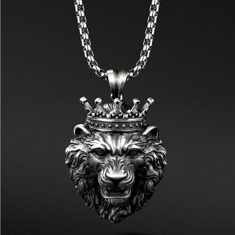 Domineering Crown Lion Pendant Necklace for Men Women's Long Chain Lion Head Animal Necklace Hip Hop Jewelry Accessories Gifts