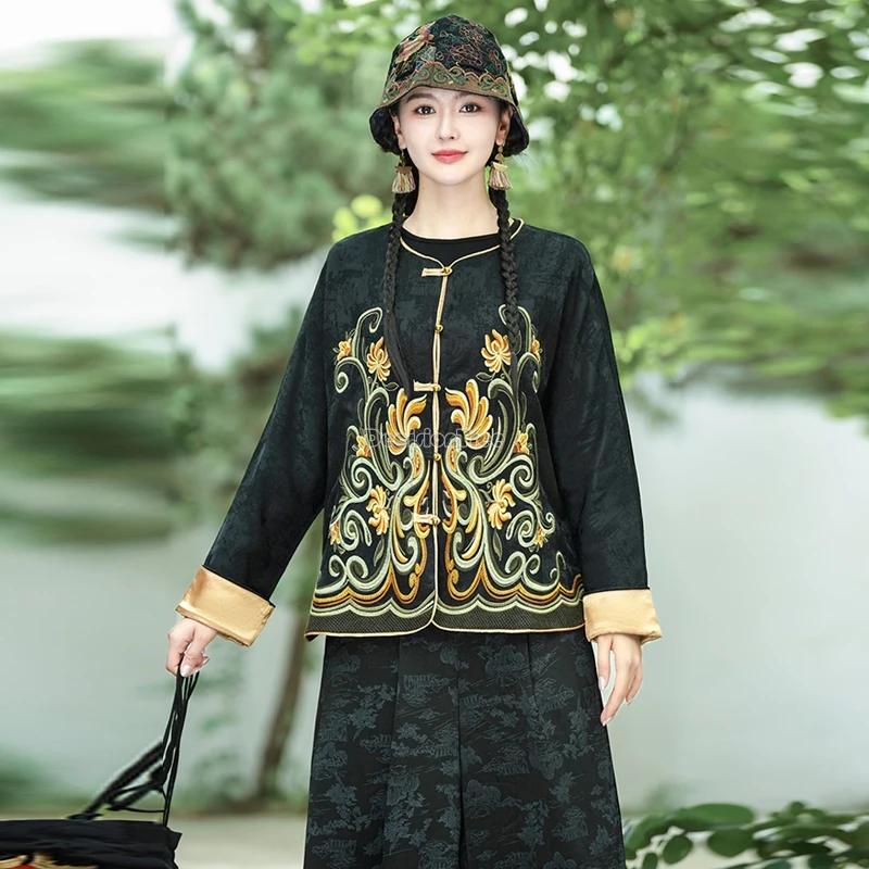 2024 National style new Chinese embroidery round neck long sleeve retro slit design jacket loose retro women daily blouse t001