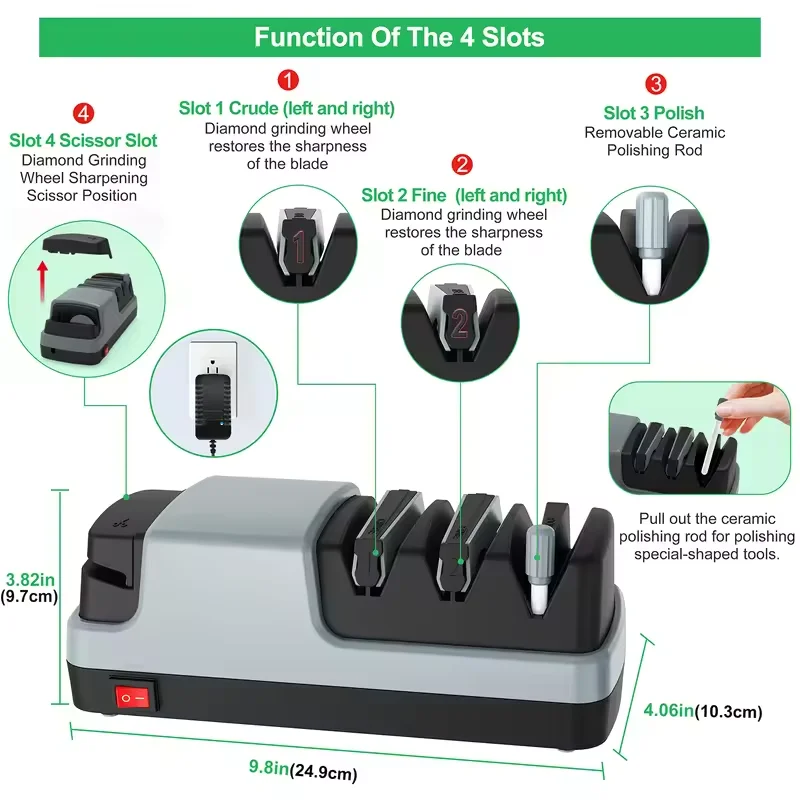 

4 in 1 Electric Knife Sharpeners for Straight Blade Knives, Serrated Knives, Ceramic Knives and Scissors