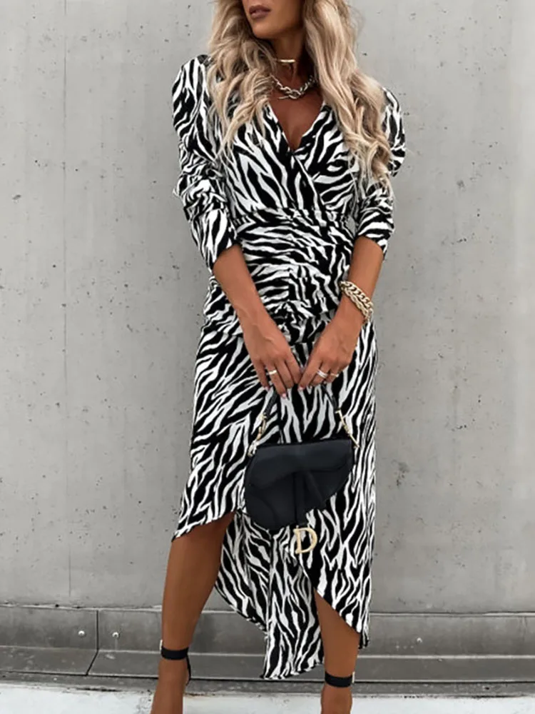 

Elegant Printed Dress Women's Slim Fit V-Neck Midi Skirt Autumn Winter New Fashion Casual Wear Seven Sleeve Length