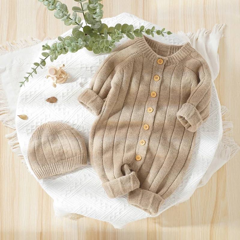 Newborn Baby Romper Knitted Infant Girls Onesies Boy Playsuit Long Sleeve Autumn Toddler Clothing Hat 0-18M 2PC Jumpsuit Outfits