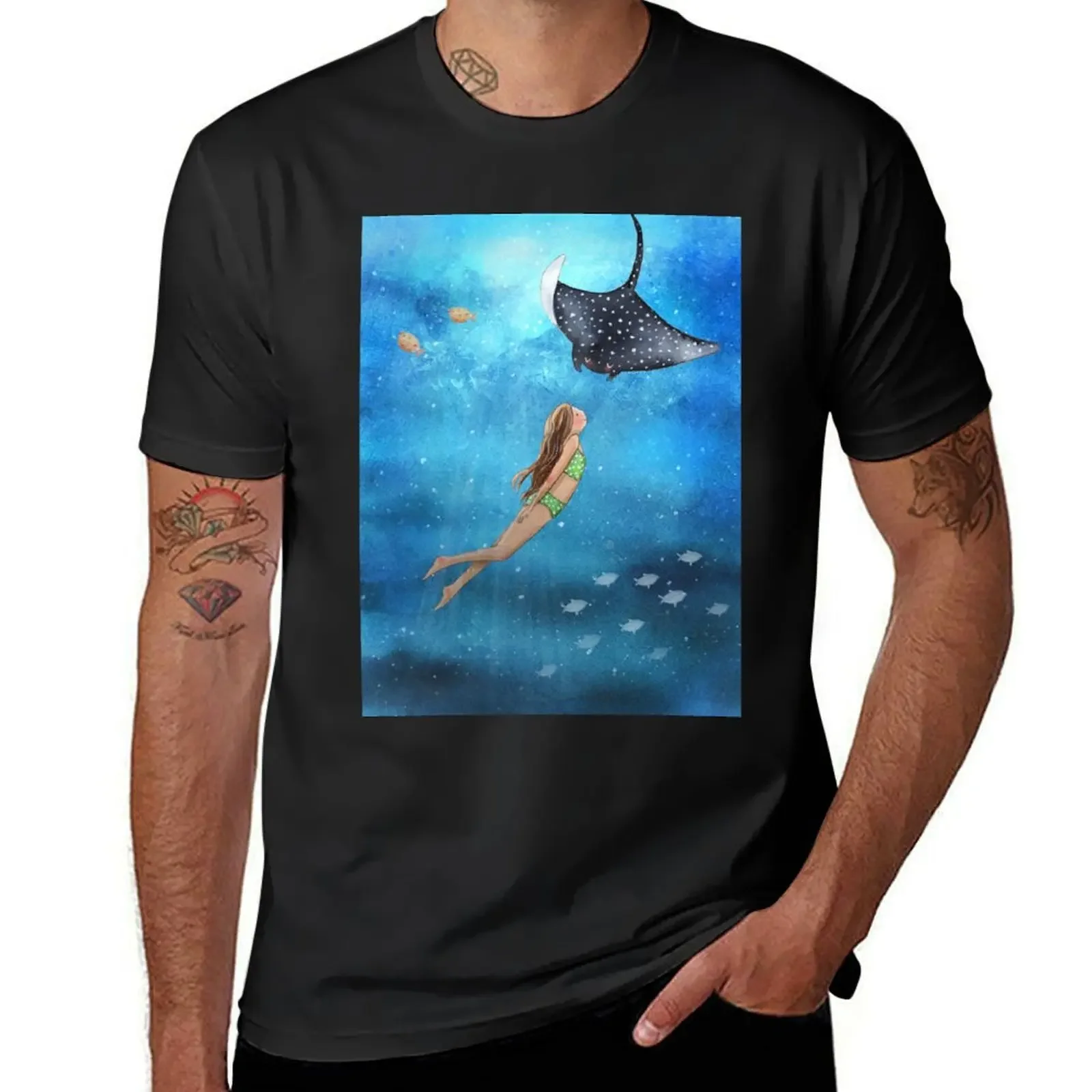 Manta Ray and Girl T-Shirt oversized graphic tee korean fashion graphic shirts plus size men clothing