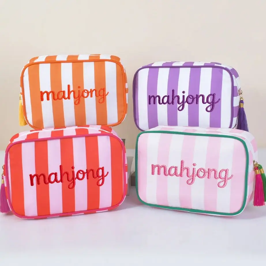 Embroidered Name Makeup Bag, Women Monogramed Toiletries Bag, Personalized Ladies Travel Storage Bag Striped Tassel Toiletry Bag