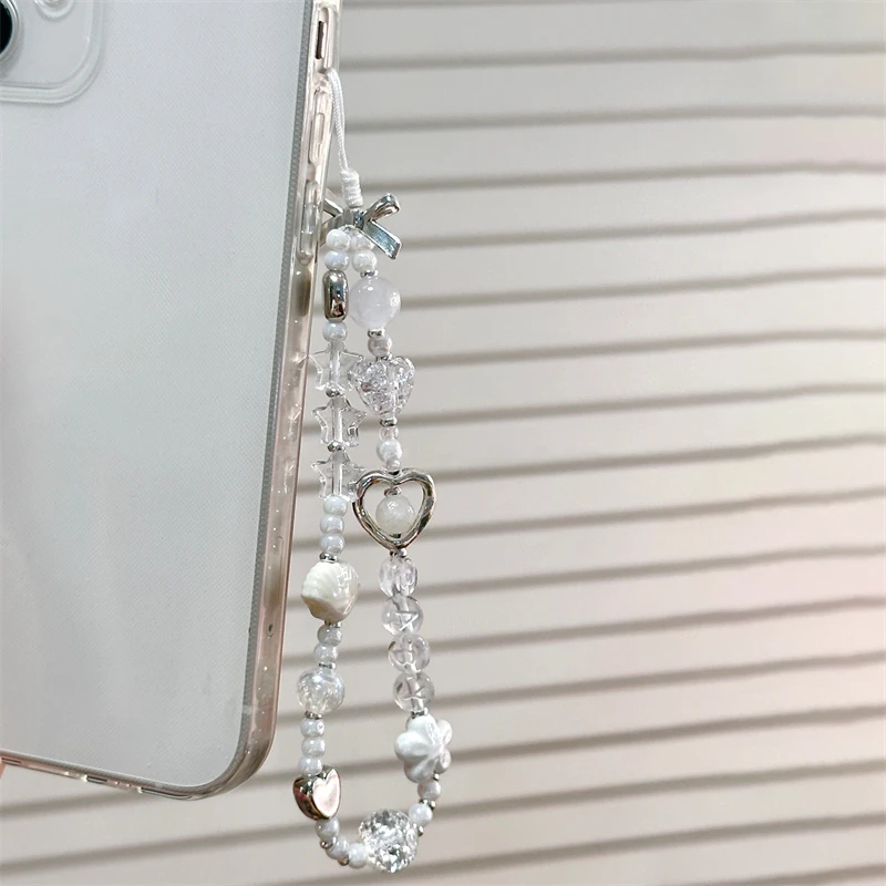 Korean Cute Clear Star White Flower Beaded Phone Chain Charm Lanyard For iPhone 15 CCD Camera Hanging Rope Girl Jewelry Pendant