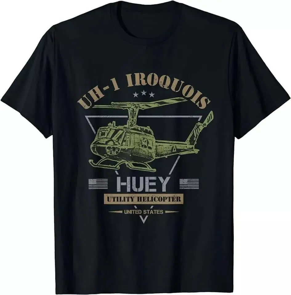 New UH 1 Iroquois Huey Helicopter Veteran black T Shirt Size S 4X Casual Cool