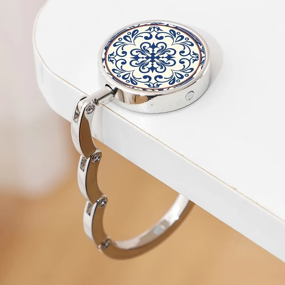 Folding Desktop Stand Hook Zinc Alloy Circular Table Edge Hook Hanging Blue and White Porcelain Design Tote Holder