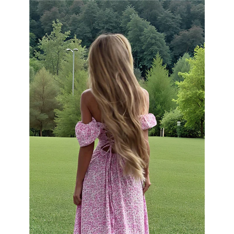 ASDS-dames Boho bloemenprint off-shoulder split lange A-lijn jurk