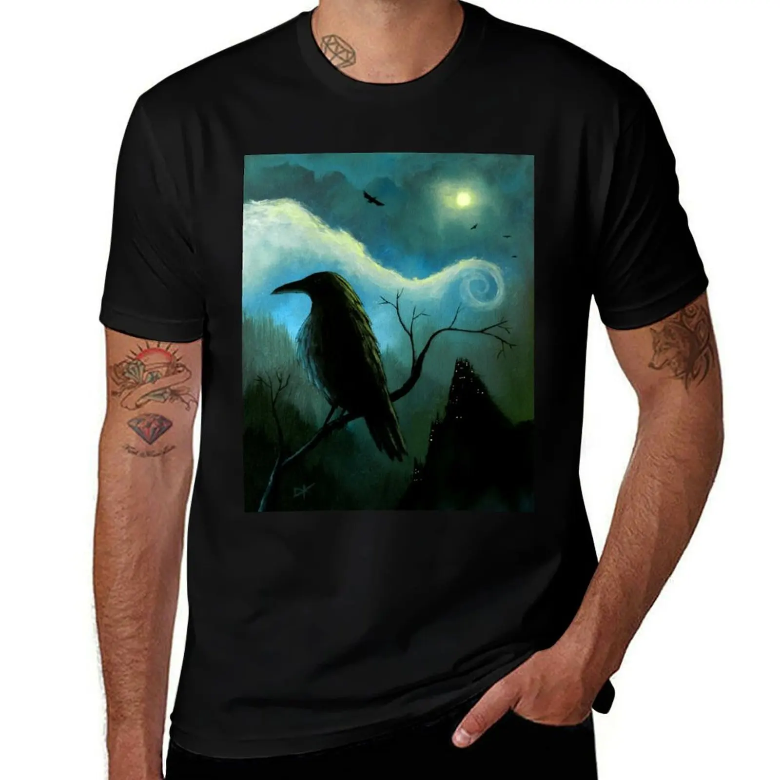 Mountain City Under the Moon - Crows/Ravens T-Shirt Water Resistant Casual T-Shirt
