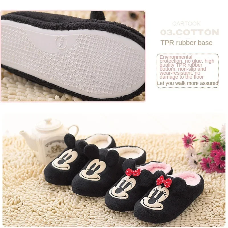 Disney Mickey Plush Slippers Minnie Mouse Couple Warm Soft Home Indoor Flat Shoes Winter Cartoon Anime Kawaii Girls Cotton Shoes