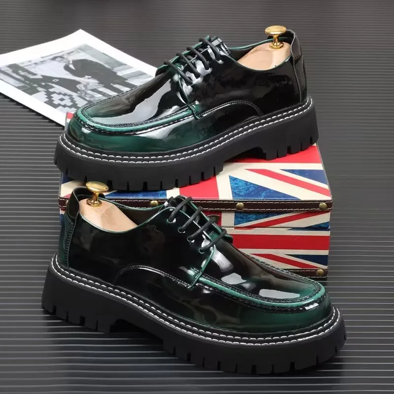 mens fashion party nightclub platform shoes black green lace-up patent leather derby shoe trendy sneakers gentleman footwear man