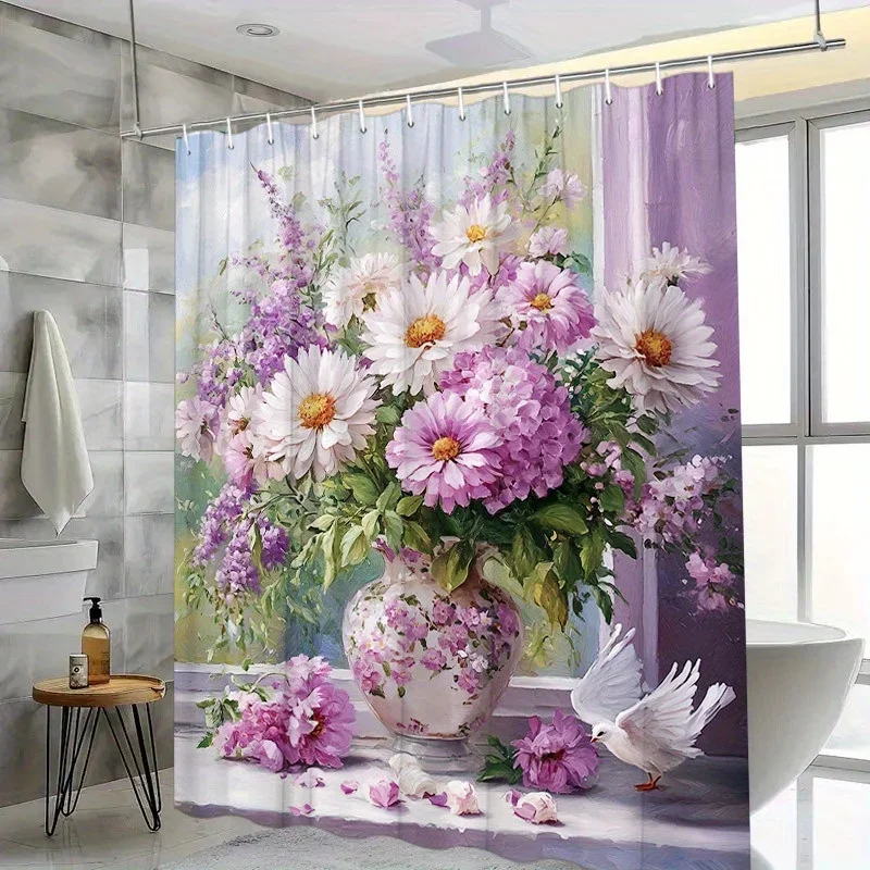 

1 шт. Занавеска для душа с цветочным рисунком и белыми голубями — романтический химерный дизайн, полиэстер, 12 крючков, элегантный декор для ванны