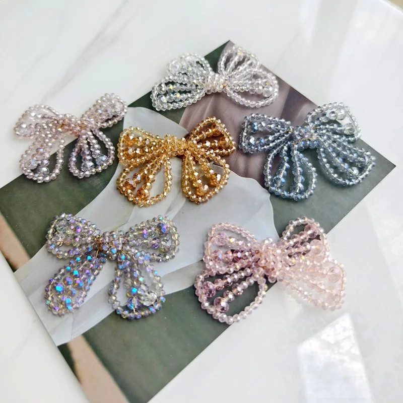 DIY Jewelry Metal Wire Hand-Strung Bead Twisted Crystal Pearl Bow Patch Hairpin Hair Accessory Material Applique