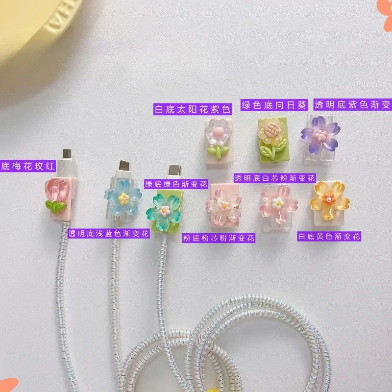 Colorful Flowers Cable Protector Cute Charger Protector Cable Winder Organizer Data Line Cord Protective Cover For iPhone Type C