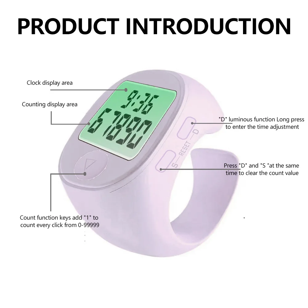 Digital Tasbih Tally Finger Counter for Muslims Prayer Mute key Backlight Electronic Counter Ring Time Reminder