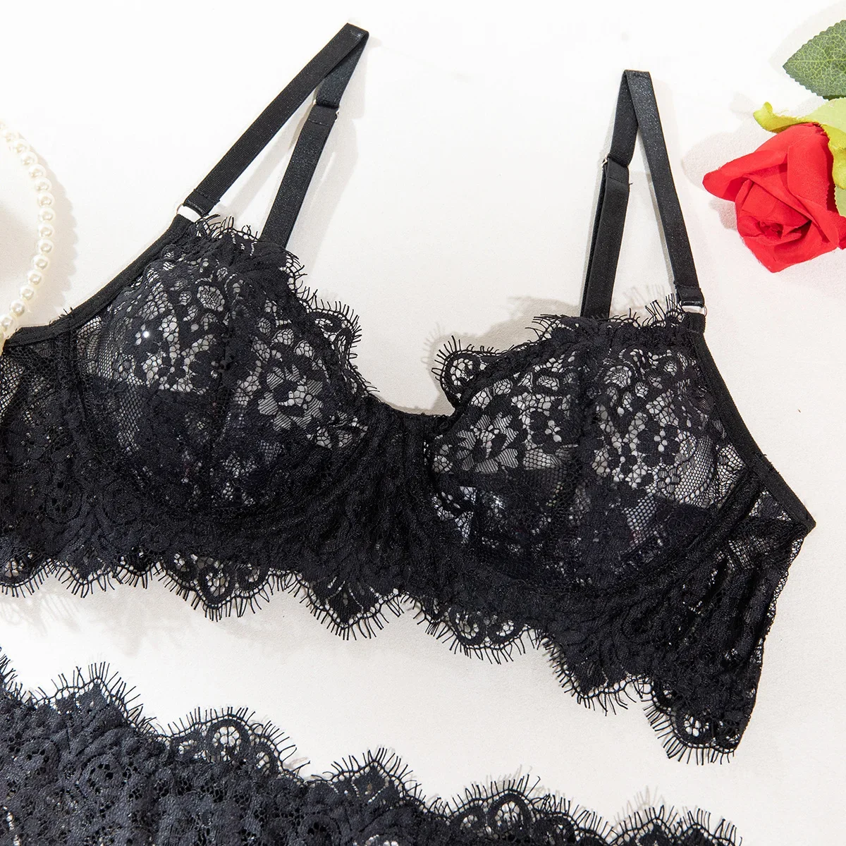 Sexy Black Lace Underwear Set Women Sweet Thin Hollow Out Breathable Underwear Three Point Shaping Back Gathering Four Piece Set