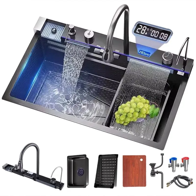 

Modern High Quality Grey Stainless Steel Kitchen Sink Single Bowl Multifunctional Smart Digital Display Waterfall Faucet