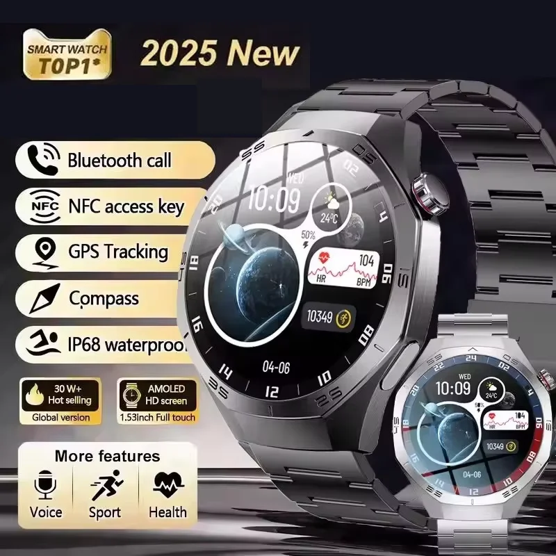 

Новинка 2025 года, умные часы для мужчин, AMOLED-экран, GPS, траектория движения, пульс, Bluetooth-звонки, водонепроницаемые умные часы