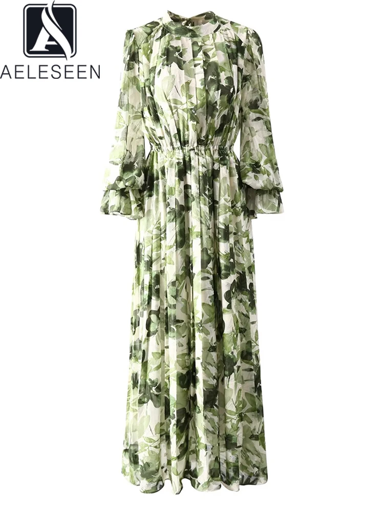 

AELESEEN Vintage Long Printed Dress For Women Spring Autumn Lantern Sleeve Flower Pleated Waist Elastic Elegant Retro Party