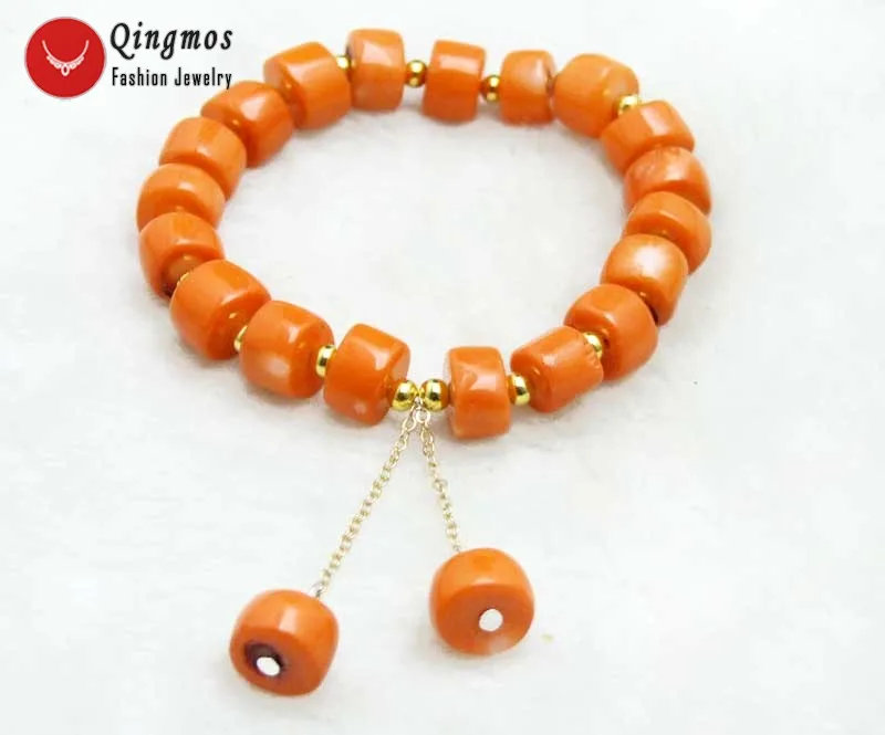 Qingmos Fashion 10-11mm Thick Slice Natural Orange Coral Bracelet for Women with Coral Pendant Dangle Bracelet Jewelry 7.5''