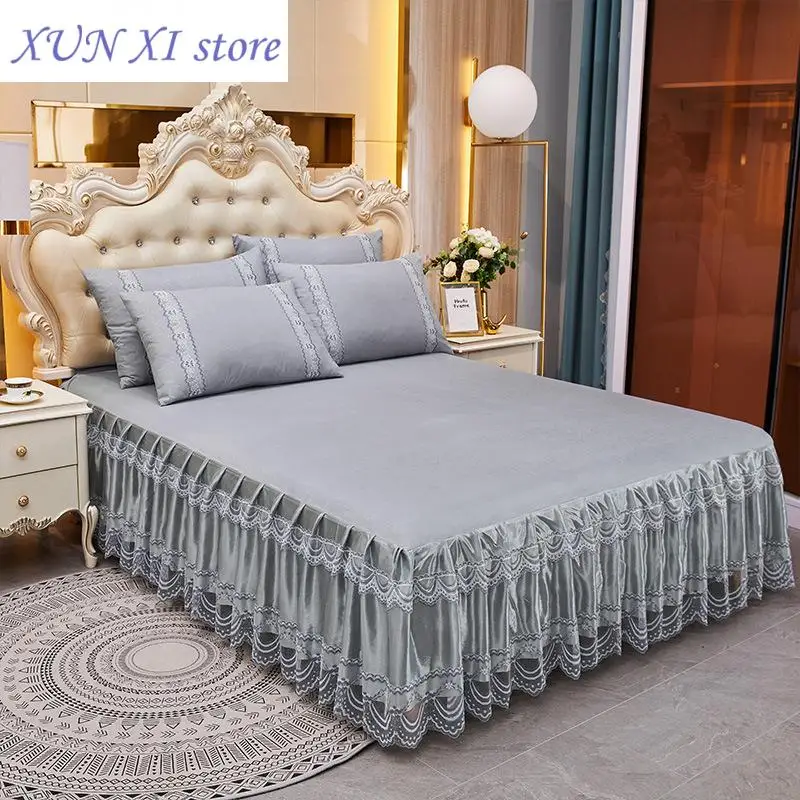 

New Princess Bedding Solid Ruffled Bed Skirt Pillowcases Lace Bed Sheets Mattress Cover King Queen Full Twin Size Bed Cover