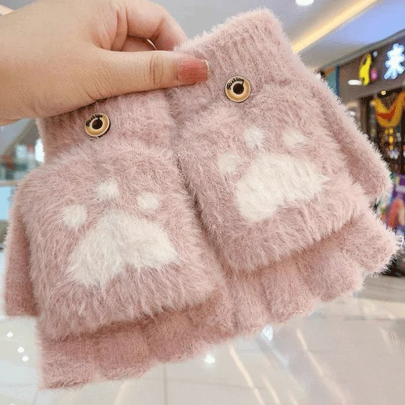 New Kawaii Women Warm Cat Gloves Fashion Girls Cat Claw Paw Plush Mittens Soft Plush Short Fingerless Half Finger Winter Gloves