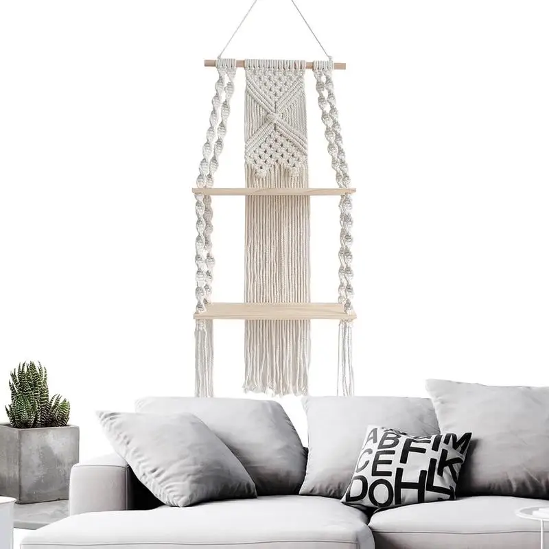 

Macrame Plant Shelf Hanger Handmade Woven Floating Holder 2 Tier Indoor Floating Decorative Handmade Rope Boho Shelving For