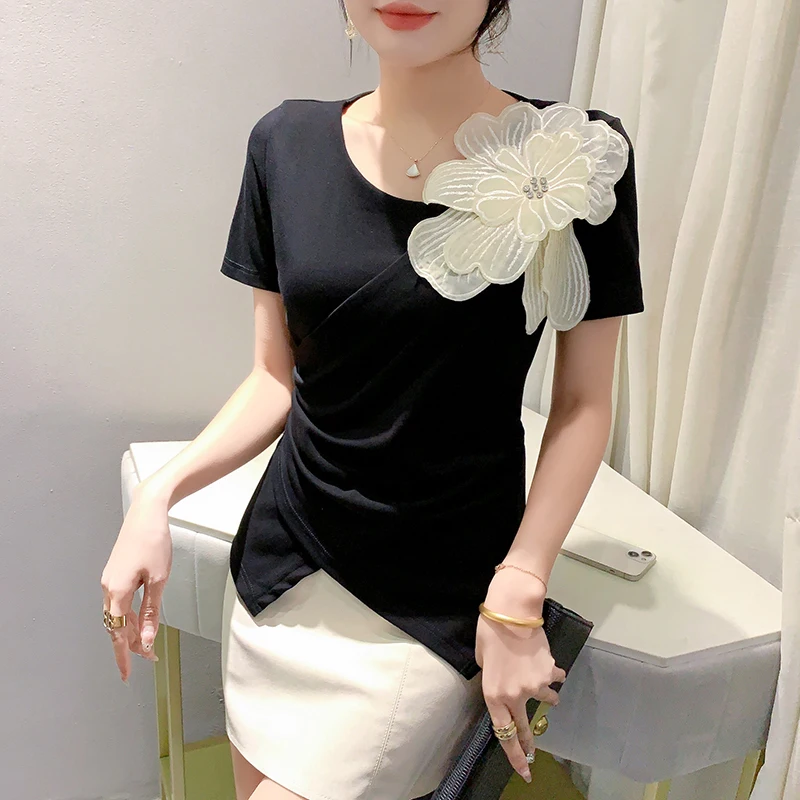 

2024 New Summer European Clothes Cotton T-Shirt Chic Sexy Skew Collar Irregular 3D Flower Women's Tops Short Sleeve Tees 44005