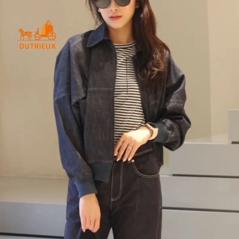 

New Autumn Women Original Color Denim Casual Flight Jacket, 100% Cotton, Fashion Elegant Loose Daily Versatile Jacket for Women