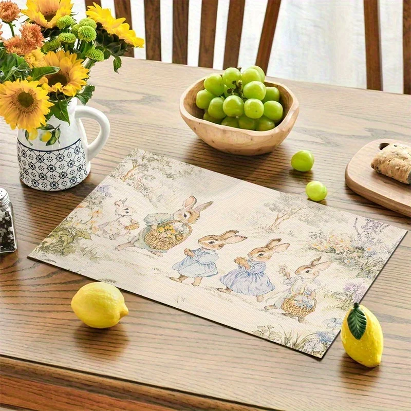 Easter Gnome Bunny Egg Linen Placemats, Buffalo Plaid Printed Table Mats, Spring Holiday Dining Decor
