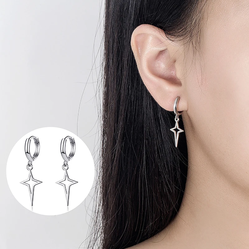 Gothic Punk Style Alloy Drop Earrings Black/Silver Color Stars Cross Simple Fashion Ear Stud For Women Men Rock Jewelry