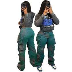 Jeans Women Straight Denim Cargo Pants High Stretch Loose Vintage Multi Pocket Button Denims 2024 Casual Distressed Trousers