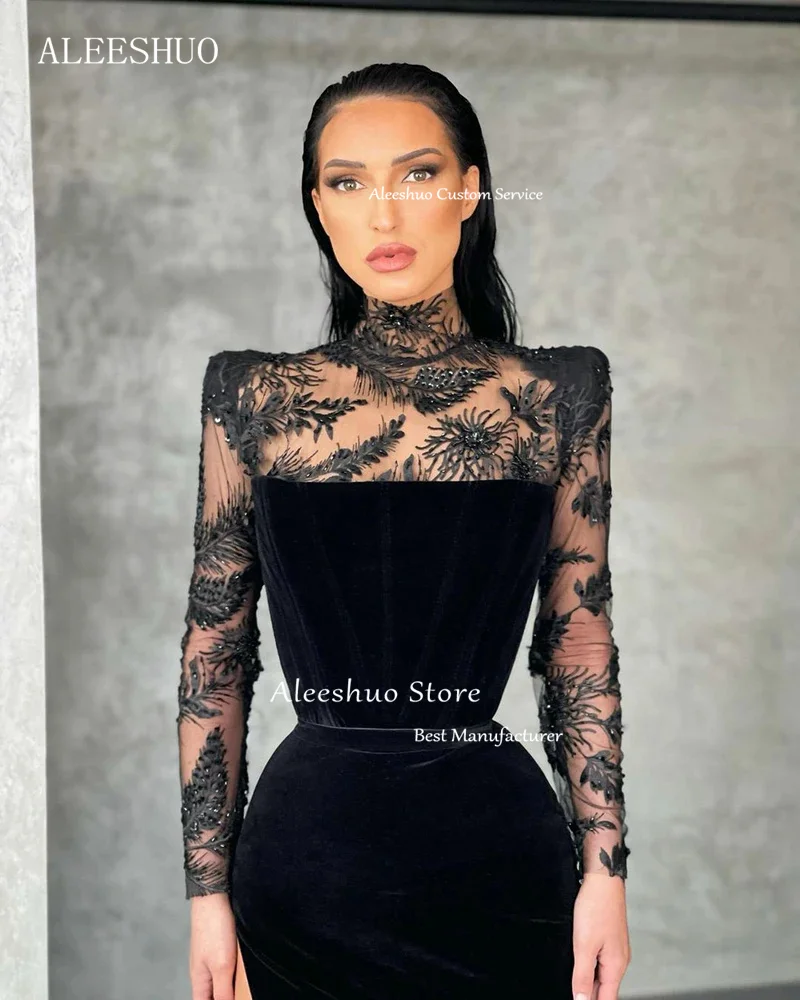 Aleeshuo Lace Mermaid Black Evening Dress High Neck Long Sleeve Side Split Party Dresses Robe De Soirée Side Split Prom Gown