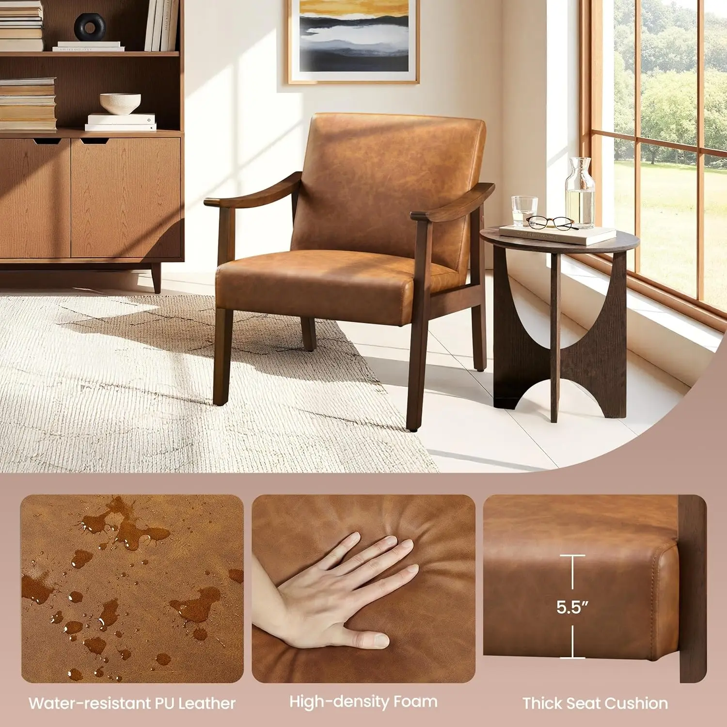 كرسي جلدي، كرسي بذراعين حديث من منتصف القرن مع أرجل خشبية صلبة، كرسي ترفيه للقراءة مع ظهر مرتفع لغرفة المعيشة