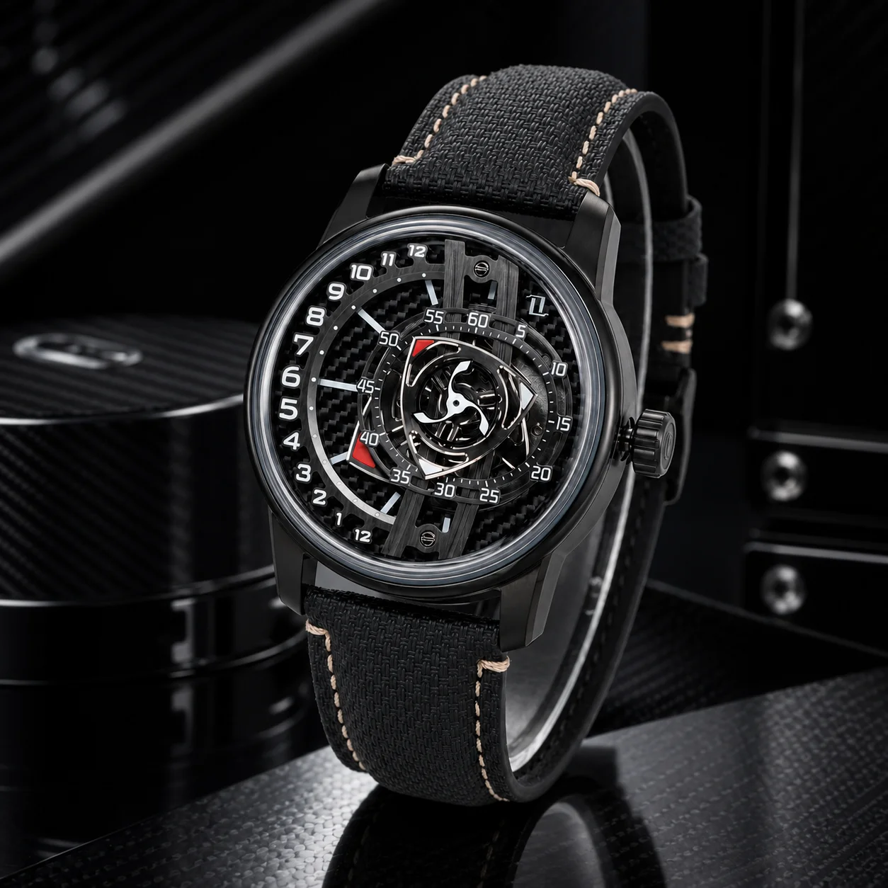 OBLVLO Men's Luxury mechanical Watch: Carbon fiber rotor-style dial, blue luminous accents, and fluoroelastomer strap.