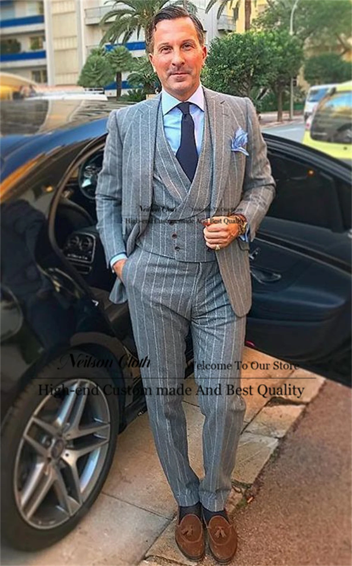 

Деловые полосатые мужские пиджаки для выпускного вечера, комплекты из 3 предметов, серые свадебные смокинги для жениха, костюм для жениха по индивидуальному заказу с зубчатыми лацканами Homme