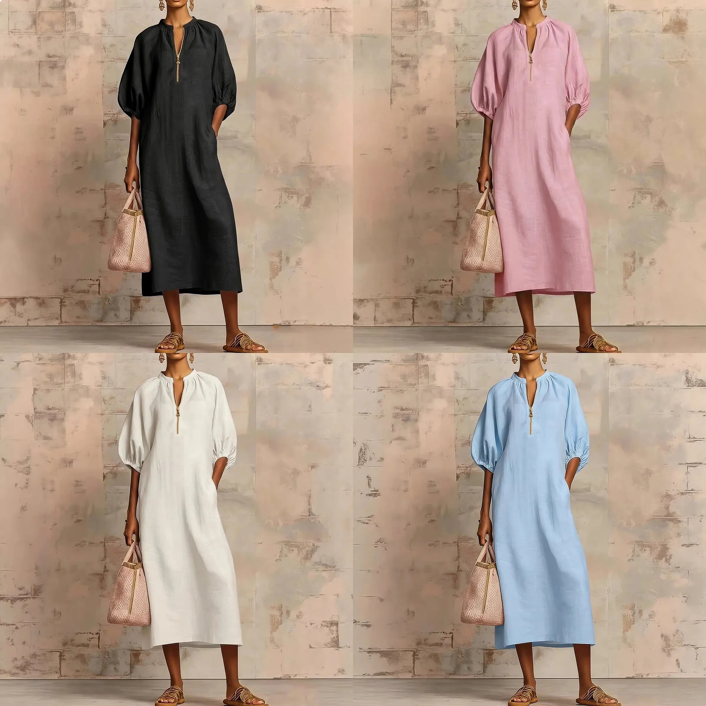 

2026 New Spring Summer Women Solid Cotton Linen Loose Bubble Sleeve Dress Dresses Casual Jumpsuit Playsuit