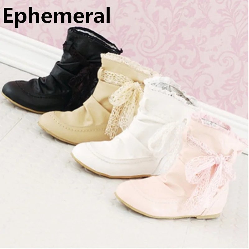 

Lady & Girls Cute Bow-Knot Comfort Short Botas Plus Size 34-43 Round Toe Cotton Fabric Rinding Boots Sweet Shoes Pink,Beige Lace