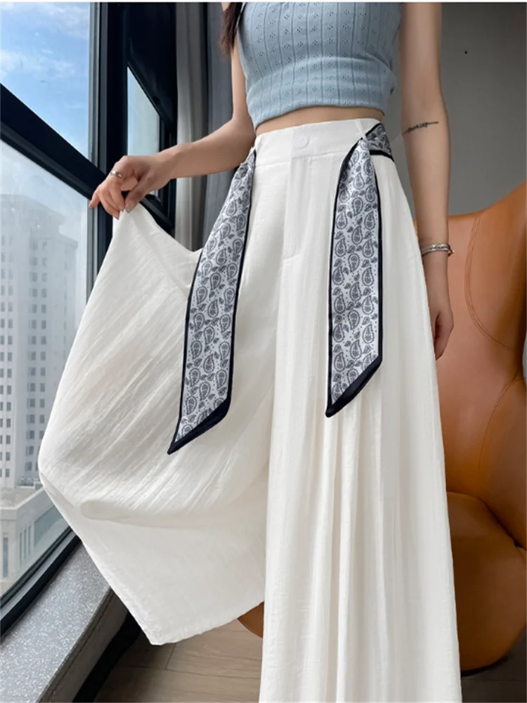 Elegant Wide Leg Trouser Women Pants Srring Summer High Waist Loose Fit Straight Pants Printing Lace-up Long Women Pants