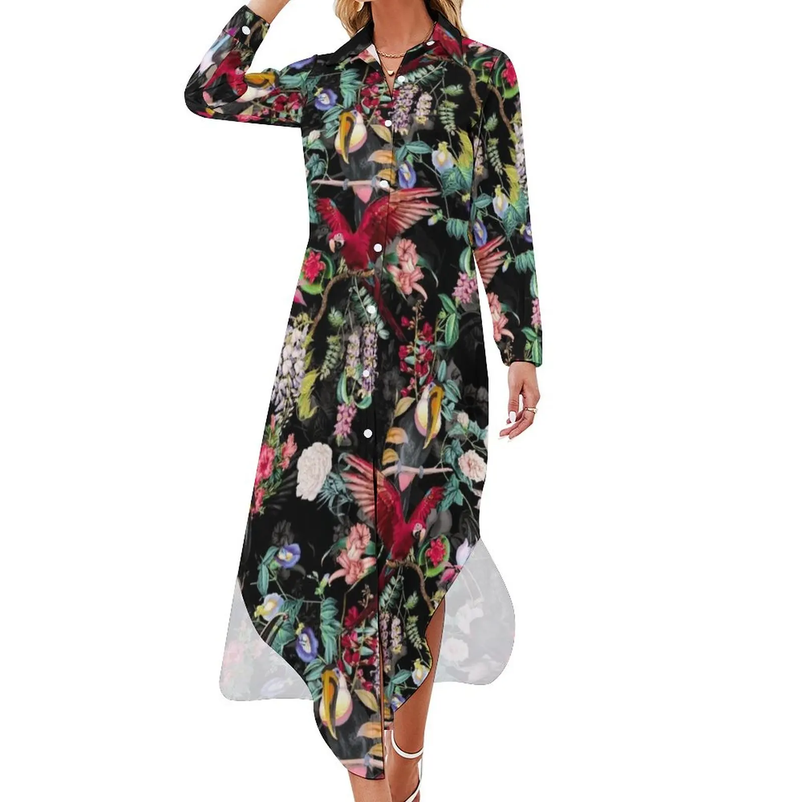 

Floral and Birds IX Long Sleeved Shirt Dress elegant guest wedding dress Casual dresses