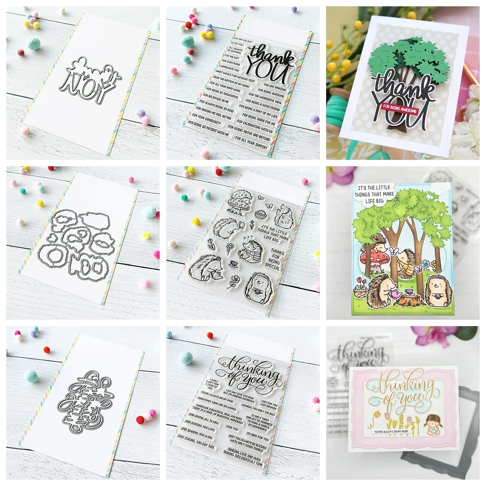 طوابع سيليكون شفافة من القنفذ ، قوالب قطع معدنية ، بطاقات ورقية ذاتية الصنع ، كلمات شكرًا لك ، عبارات تمنيات دافئة