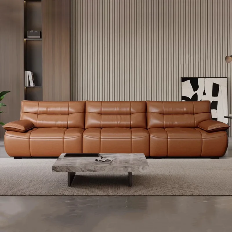 Moon leather sofa first floor, cowhide Italian minimalist living room, small apartment straight row of three people